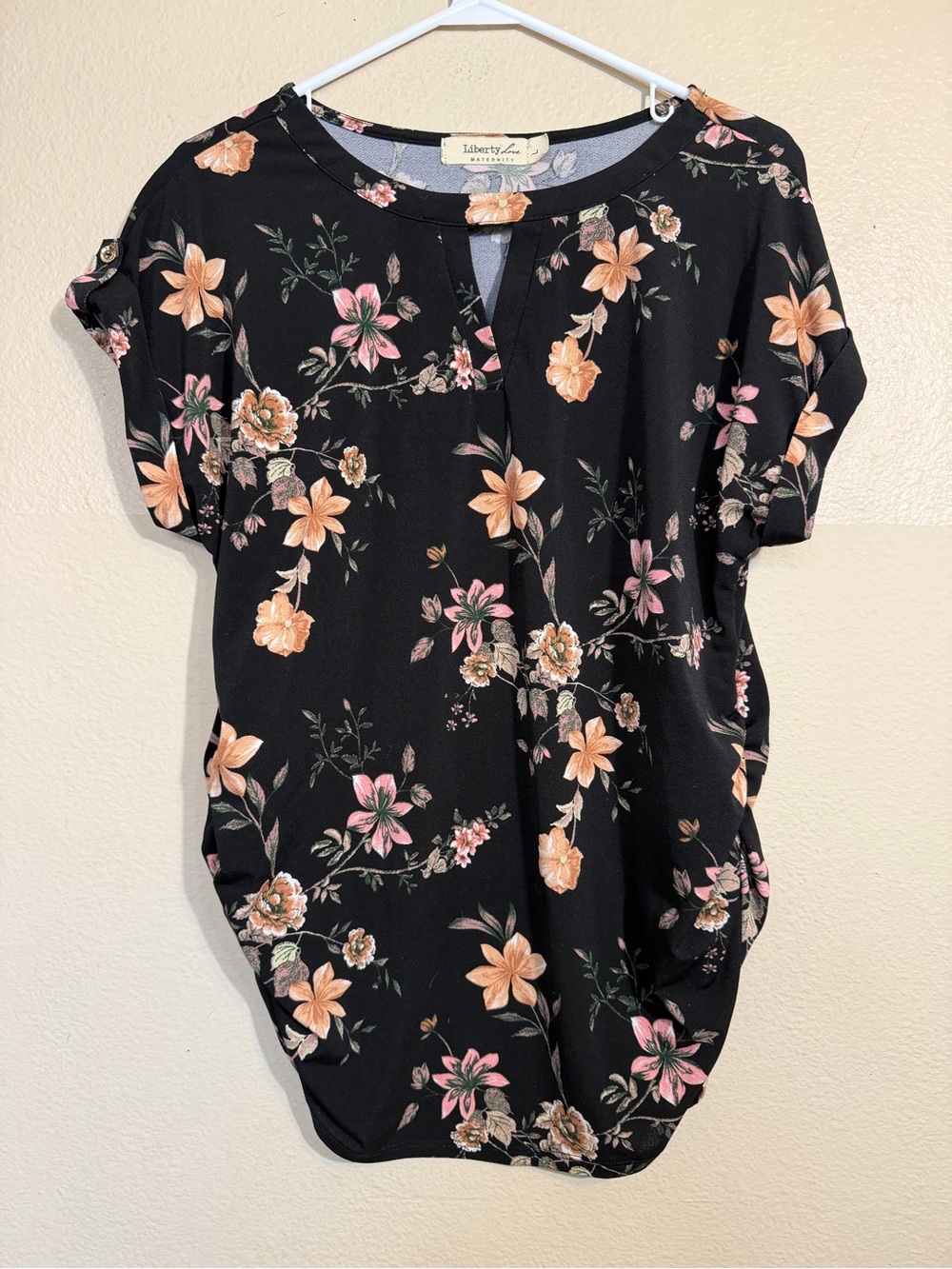 Liberty Love Black Floral Short Sleeve Blouse L maternity